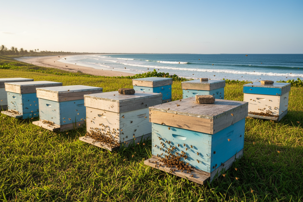 Beehives on grass with beach in background